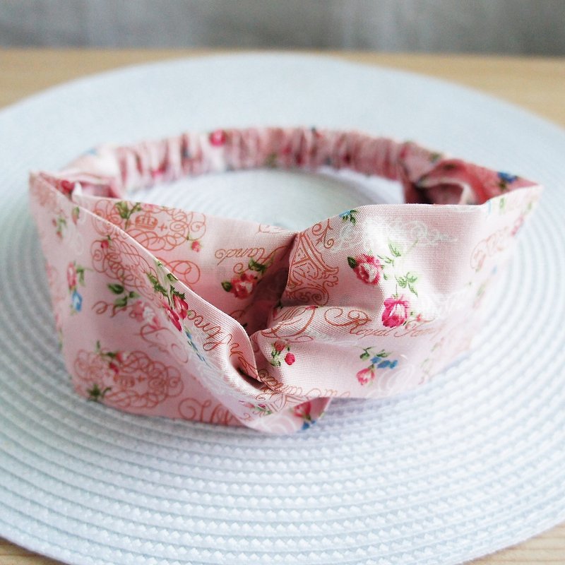 Lovely text small rose butterfly elastic headband, hair tie, pink - เครื่องประดับผม - ผ้าฝ้าย/ผ้าลินิน สึชมพู