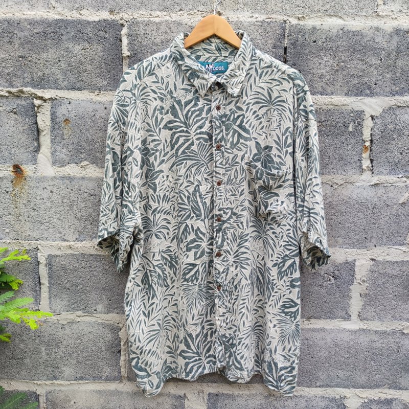Vintage Big Dog Monstera Aloha Hawaiian Shirt - 男襯衫/休閒襯衫 - 棉．麻 綠色
