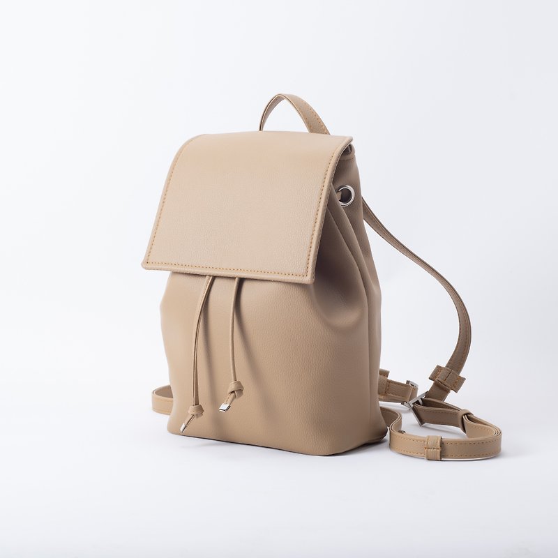 Minimalist Style Two-Purpose Backpack/Bucket Bag - Camel - Backpacks - Faux Leather Khaki
