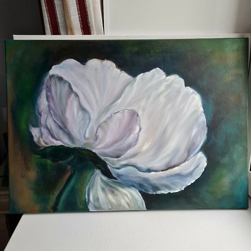 Artdilia Flower oil painting Large blossom white flower Original camellia art on canvas