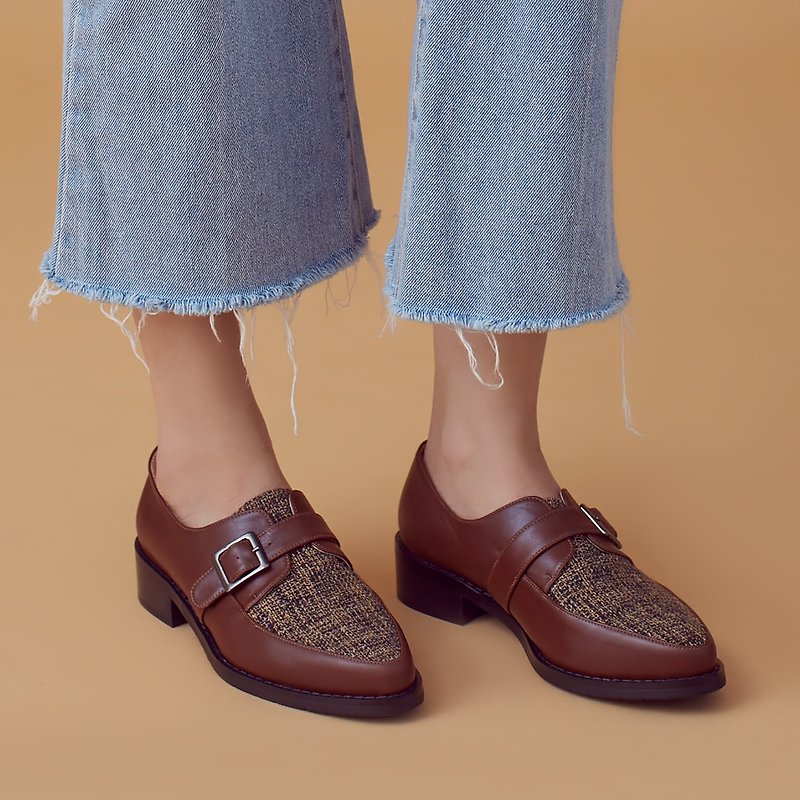 Improved cardigan style! Non-grinding soft core two-tone Monk shoes Coconut brown MIT full leather - Women's Casual Shoes - Genuine Leather Brown