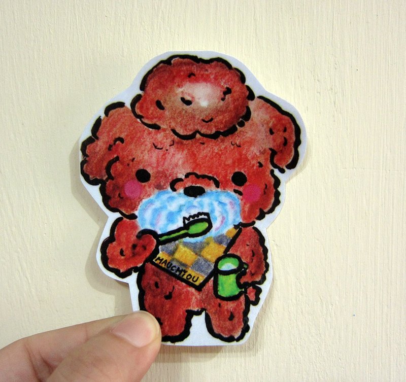 Hand-painted illustration style completely waterproof sticker red VIP brushing poodle - สติกเกอร์ - วัสดุกันนำ้ สีนำ้ตาล