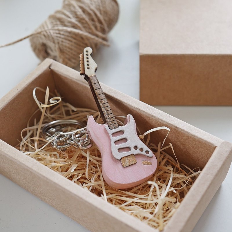 Pink Electric Guitar Fender Simulation Electric Guitar Pendant Keychain Gift - Charms - Wood Brown