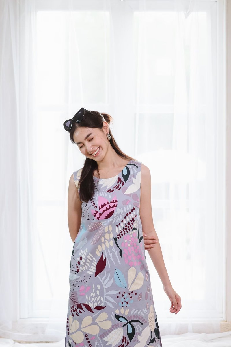 BIRUCHU DAYDREAM DRESS - Grey Leaf (Japanese Cotton) - 洋裝/連身裙 - 棉．麻 灰色