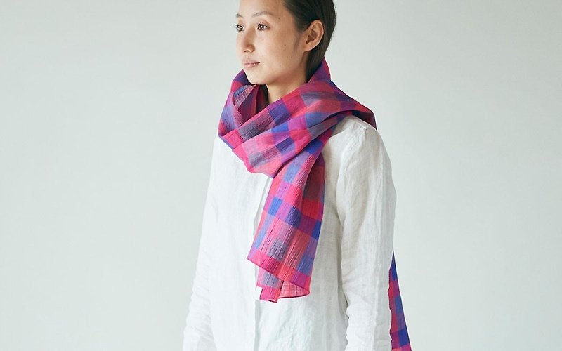 Lamy tinted dyed check stall blue × red - Scarves - Cotton & Hemp Red