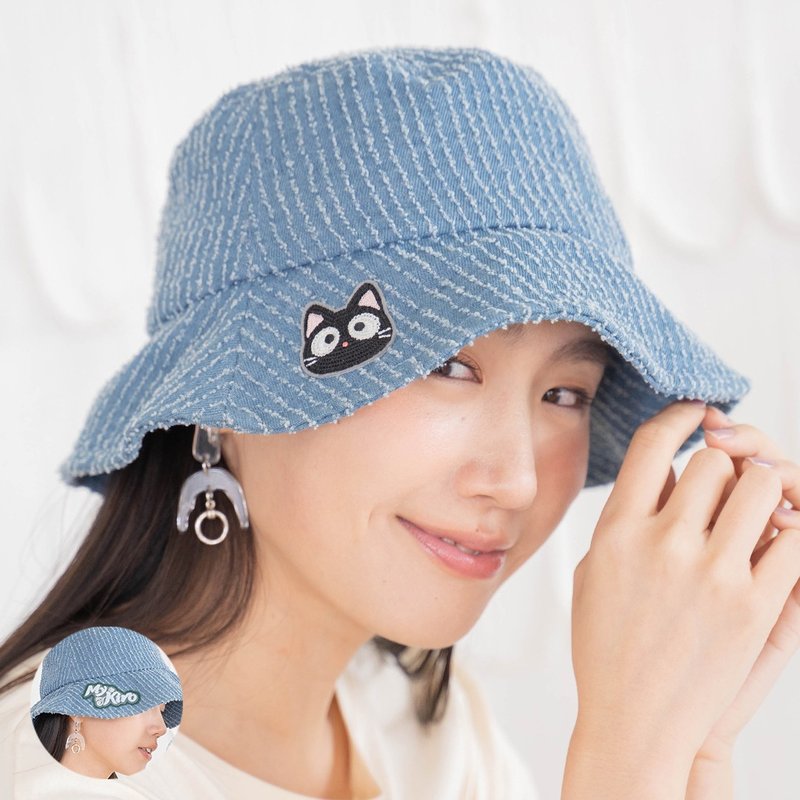 Little gray cat towel embroidered sunshade/sunscreen/fisherman hat [90053] - Hats & Caps - Cotton & Hemp Blue