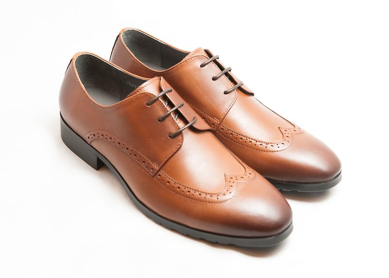 Hand-painted calfskin leather wooden heel wing pattern derby shoes-caramel color-E1A13-89 - Men's Oxford Shoes - Genuine Leather Brown
