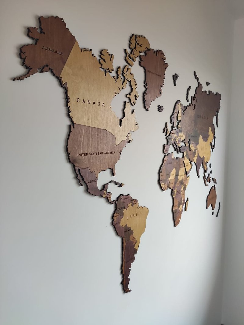 Wooden world map wall art with push pins for office decor or personalized gift - แผนที่ - ขนแกะ 