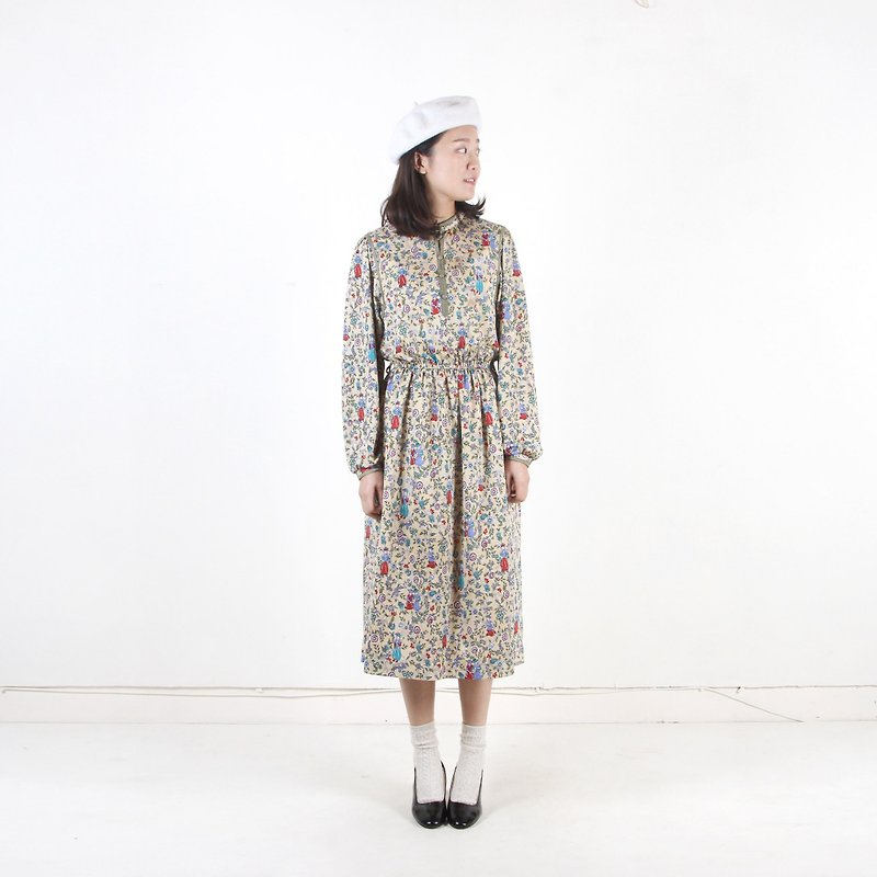 Ancient】 【egg plant Mongolia Story printing vintage dress - One Piece Dresses - Polyester Khaki