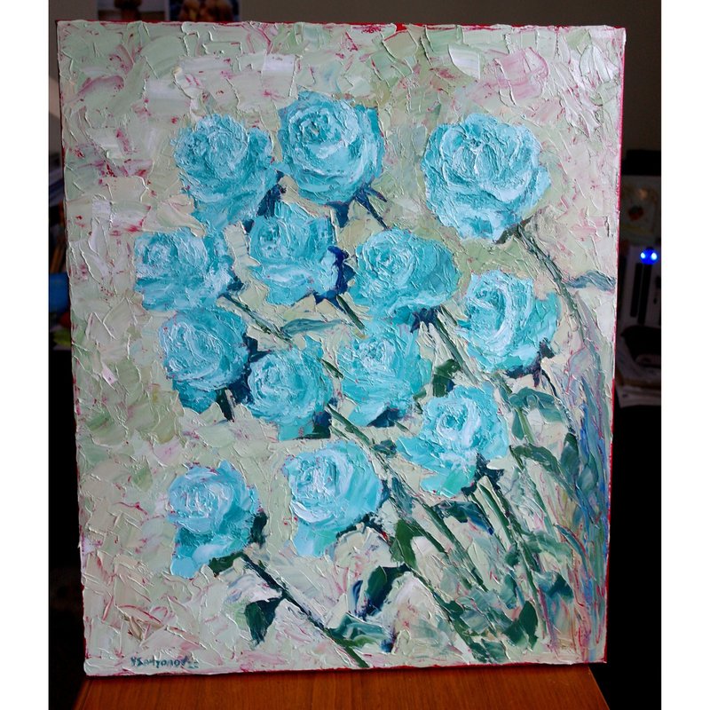Roses Flowers Original Art Oil Painting Wall Decor Evening Roses - 海報/掛畫/掛布 - 其他材質 銀色