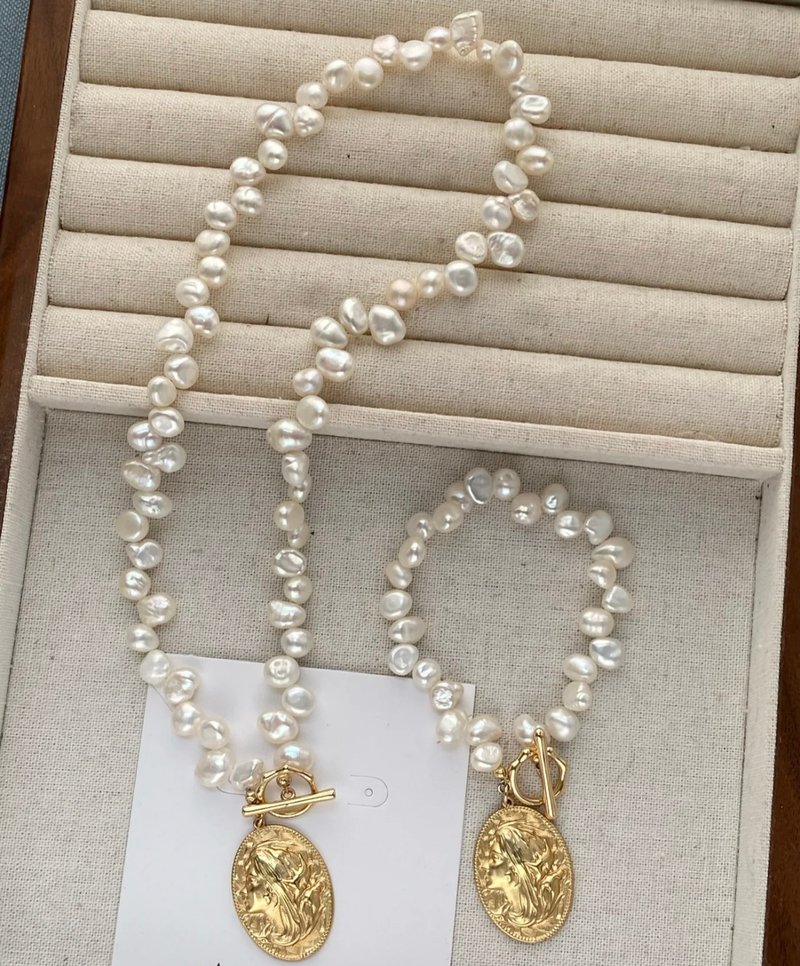 YuanPearl two-piece set natural French style baroque pearl French brand bracelet and necklace - สร้อยติดคอ - ไข่มุก ขาว
