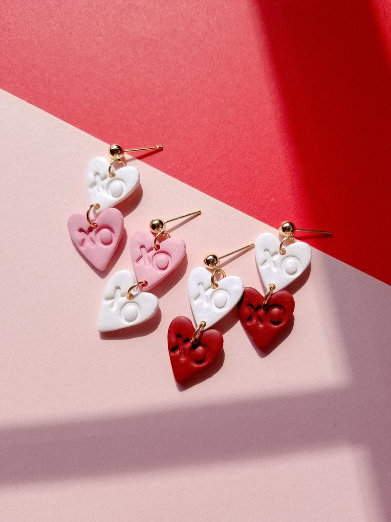 Valentine's Day XOXO Heart Shape Polymer Clay Earrings/Clip On Earrings - Earrings & Clip-ons - Pottery Pink