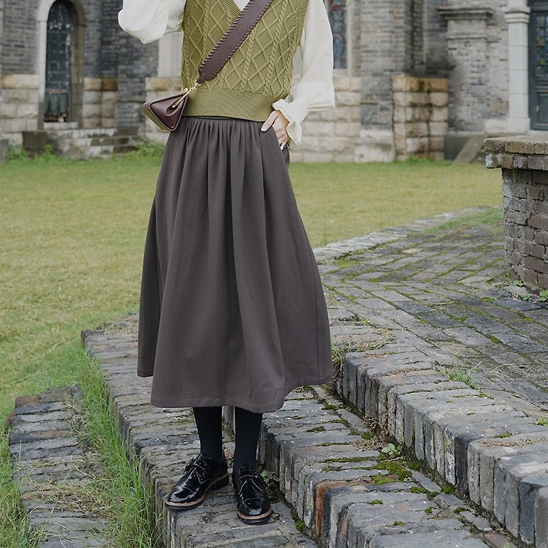 Dark Gray Brown Pleated Elastic Skirt|Skirt|Autumn and Winter|Polyester|Sora-600 - กระโปรง - ไฟเบอร์อื่นๆ 