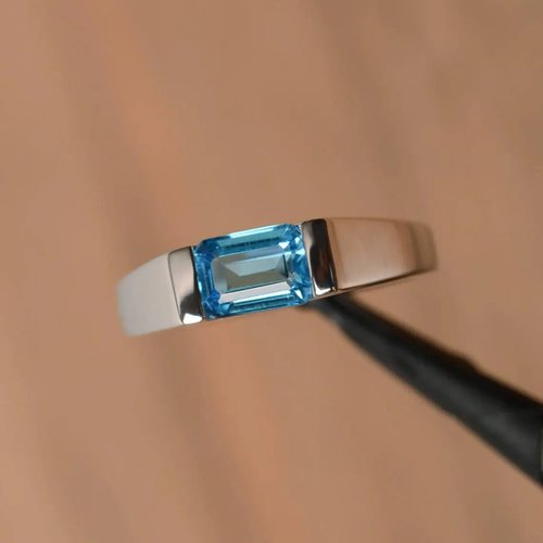 homejewgem 9 x 7 mm Light blue natural topaz ring silver sterling 925 size 7.0 free resize