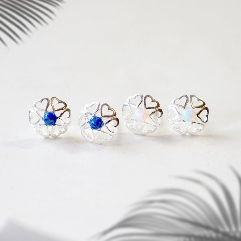 Dainty Opal Heart Filigree Stud Earrings | Sterling Silver Vintage Charm - 耳環/耳夾/耳骨夾 - 純銀 銀色