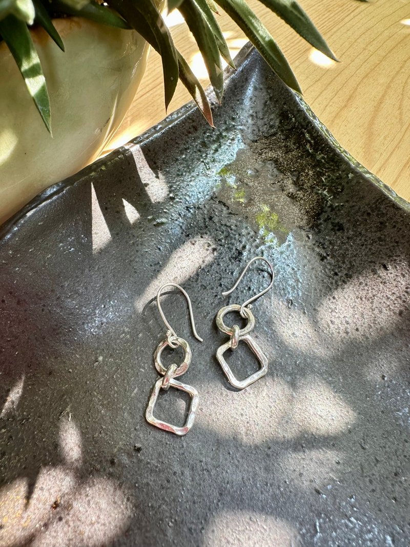 圓形和方形銀耳環 - 耳環/耳夾 - 純銀 銀色