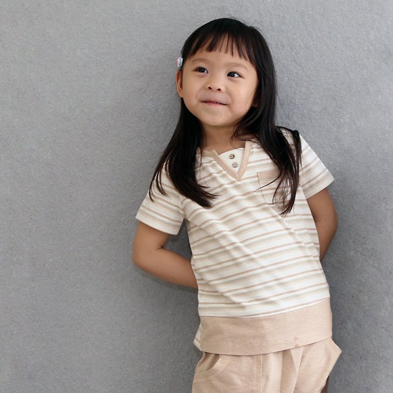 [Ecoolla] Organic Cotton V-neck Striped Short Sleeve Top_Color Cotton Brown|Made in Taiwan| - Other - Cotton & Hemp 