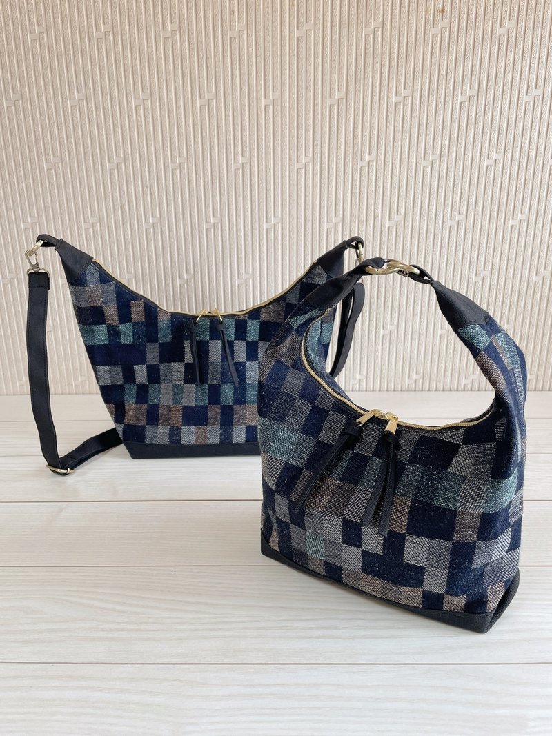 倉敷帆布　岡山デニム　2way　ショルダーバッグ　秋冬　チェック　軽量　自立　ホーボーバッグ　　ボディバッグ - 側背包/斜背包 - 棉．麻 黑色