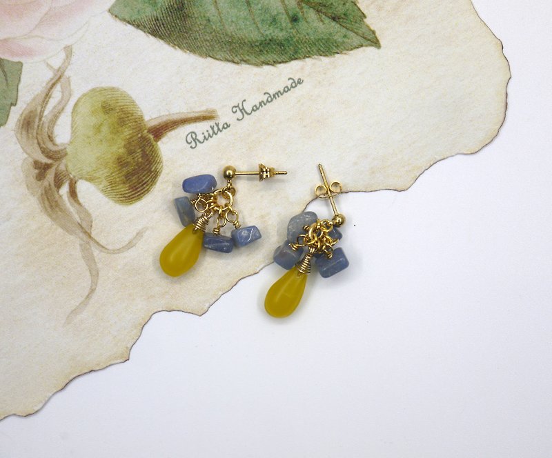 水滴琥珀 藍色土耳其石 耳環 夾式 - 耳環/耳夾 - 寶石 黃色