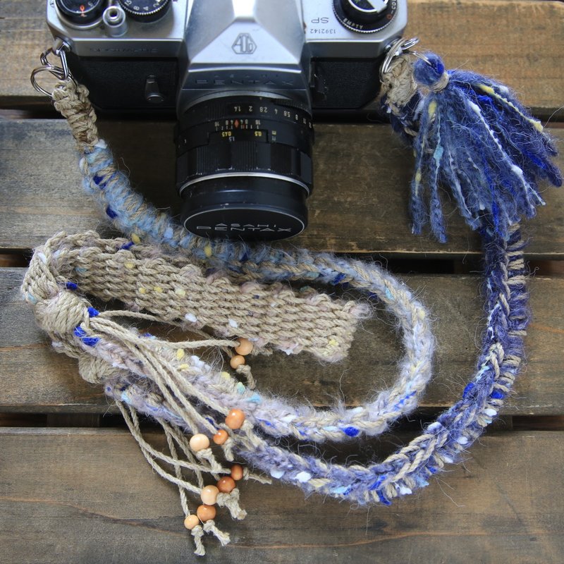 Camera strap/Blue knitted hemp cord/Double ring - Camera Straps & Stands - Cotton & Hemp Blue