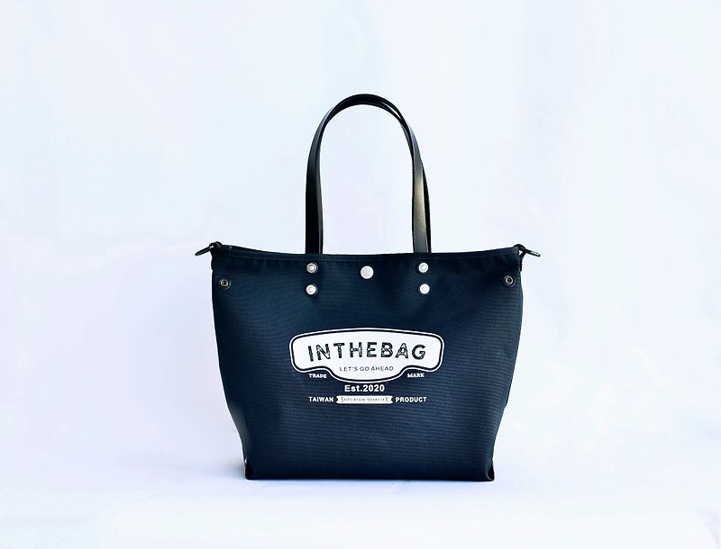 37X28X12CM Shoulder Back. Logo Black Blue Waterproof Canvas. Tote Bag. Vegetable Tanned Leather - กระเป๋าถือ - วัสดุกันนำ้ สีดำ
