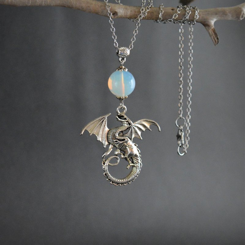 Dragon necklace Opalite silver moon dragon pendant necklace Witchcraft jewelry - Necklaces - Other Metals Silver