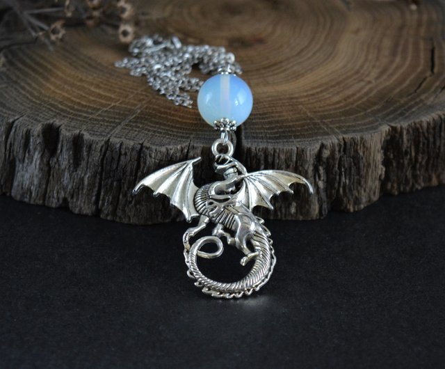 Dragon necklace Opalite silver moon dragon pendant necklace