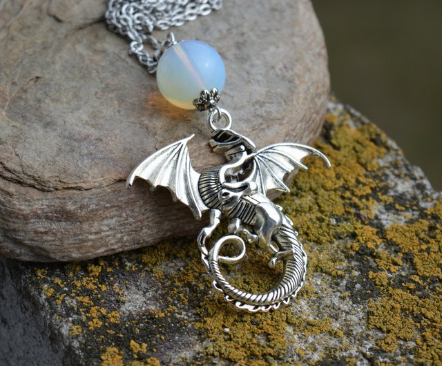 Dragon necklace Opalite silver moon dragon pendant necklace