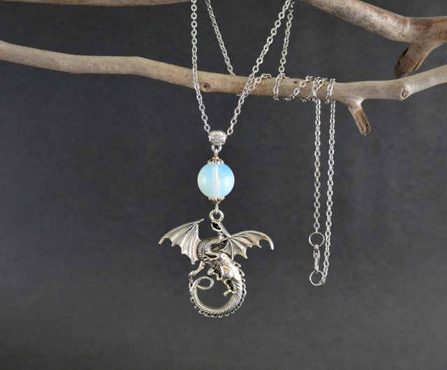 Dragon necklace Opalite silver moon dragon pendant necklace