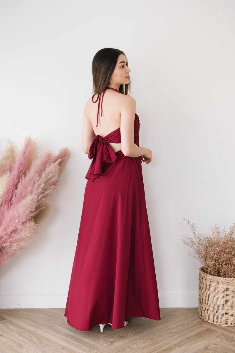 Red Burgundy bridesmaid dress floor length halter maxi backless party dress - 洋裝/連身裙 - 聚酯纖維 紅色
