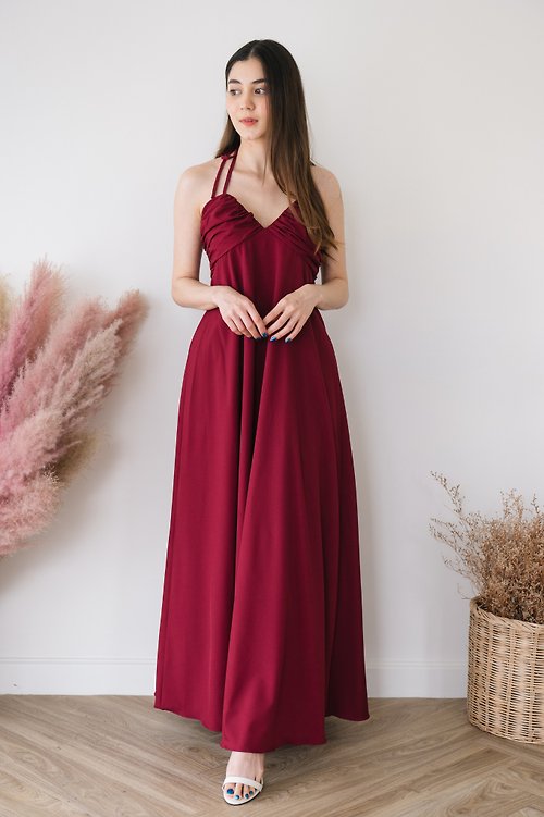 KEERATIKA Red Burgundy bridesmaid dress floor length halter maxi backless party dress