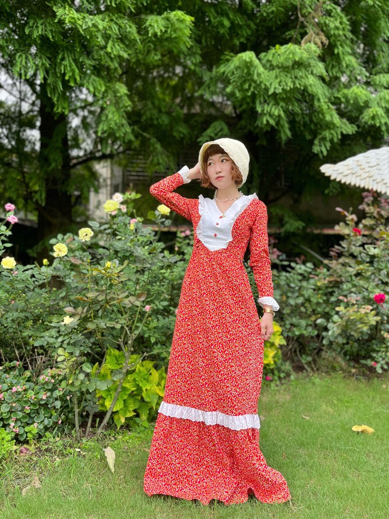 American 70's floral lace dress - One Piece Dresses - Cotton & Hemp Red