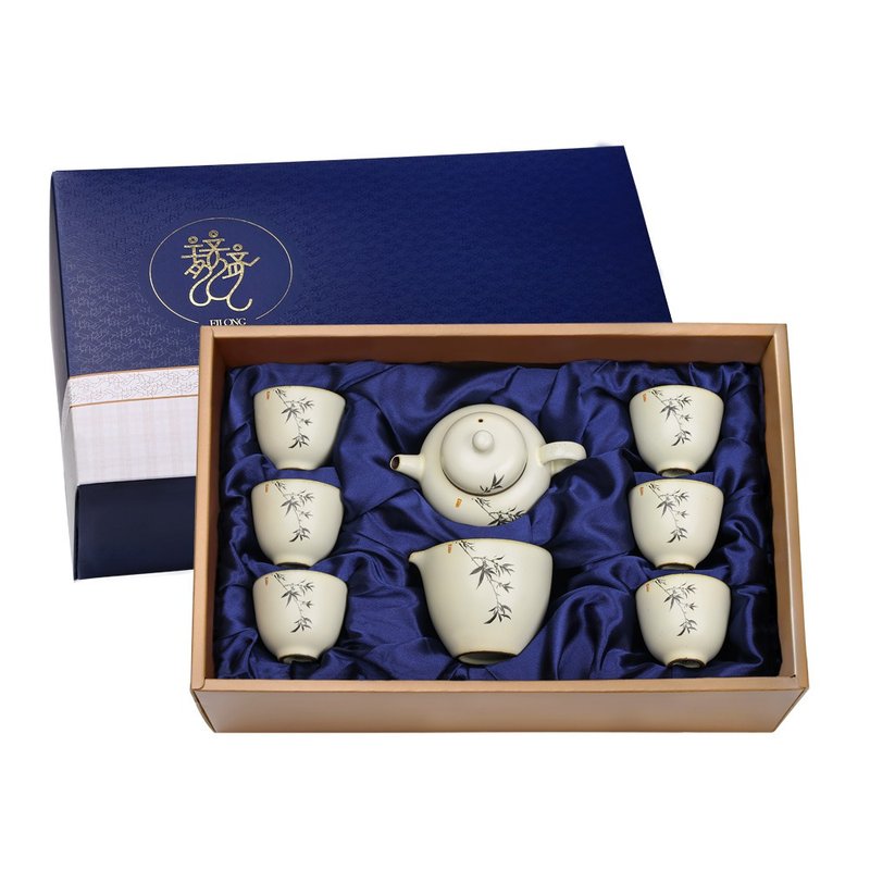 Ruhuang glazed ink bamboo 8-piece gift box-(pot+sea+6 cups) - Teapots & Teacups - Pottery White