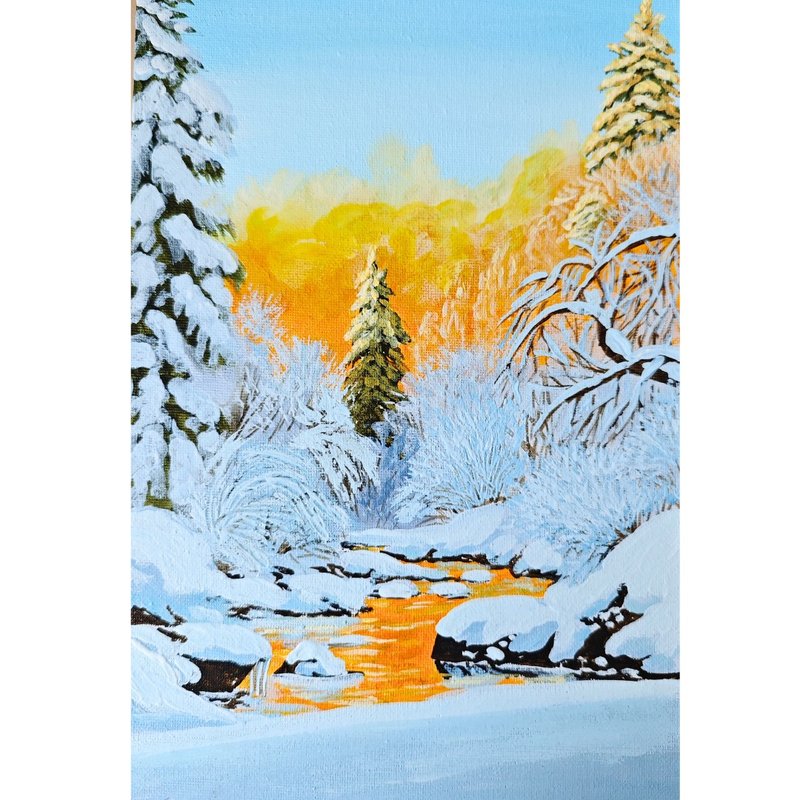 夕陽下的雪河  RinaArtSK 原創冬季風景丙烯畫  畫布 - 壁貼/牆壁裝飾 - 其他材質 多色