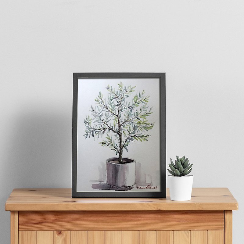 Hand-painted (watercolor) original painting (olive tree 03) Nordic botanical style / home office / mural / gift - Posters - Paper Green