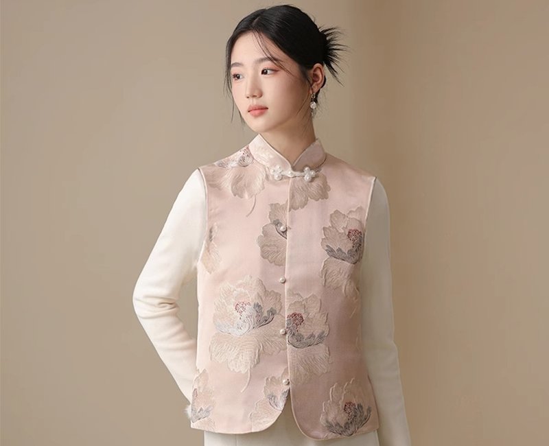 Gilt Peony New Chinese Jacquard Vest Jacket - Women's Tops - Other Materials Pink