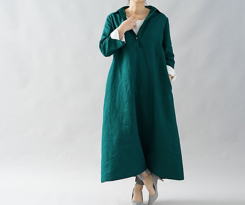 wafu + warm linen  / midi dress / A line dress / shirt dress / a64-12 - ชุดเดรส - ผ้าฝ้าย/ผ้าลินิน สีเขียว