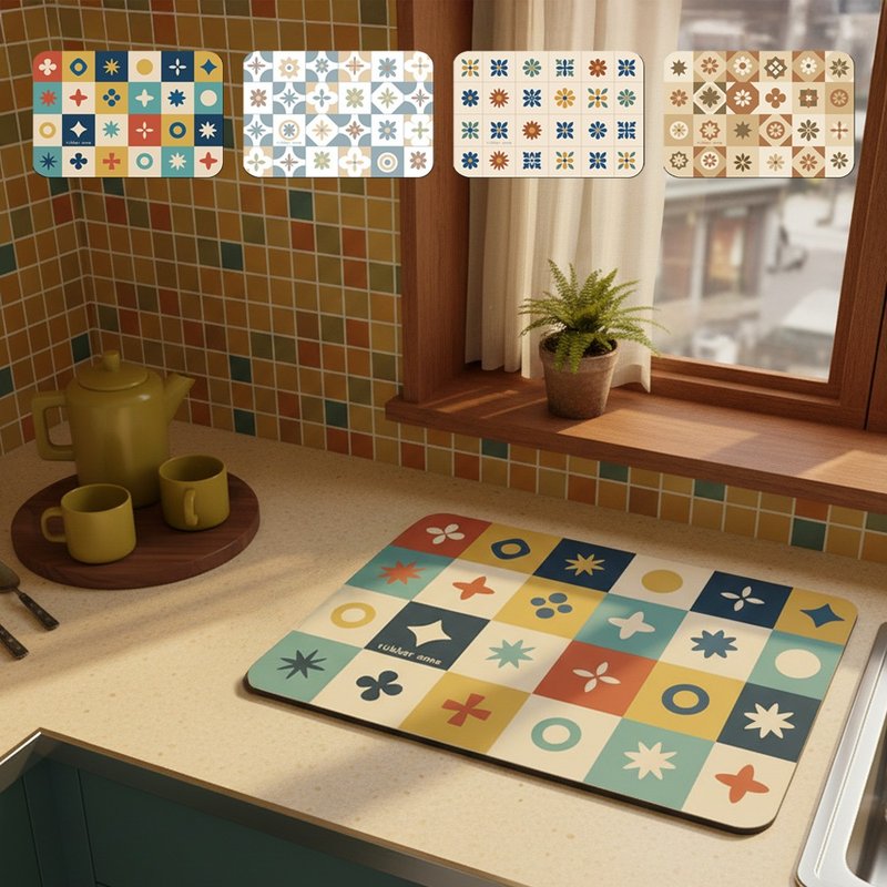 【rubber anne】瞬吸 軟式珪藻土 流理台瀝水墊 花磚語(45x30cm) - 地墊/地毯 - 其他材質 多色