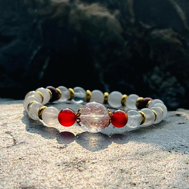 Red titanium hair crystal + white crystal + powder crystal + red jasper + northern red agate design life spiritual number crystal bracelet - Bracelets - Crystal Pink