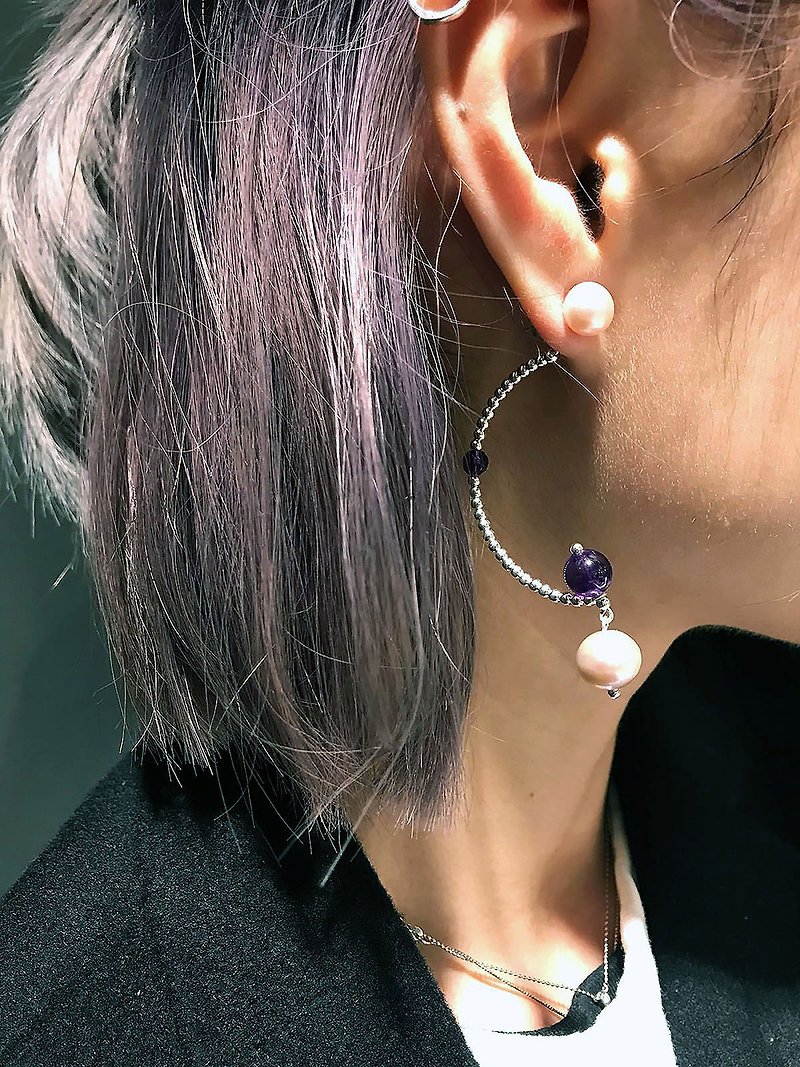 春日櫻花系列 925純銀 粉紫色淡水珍珠 耳環 - 耳環/耳夾 - 純銀 紫色