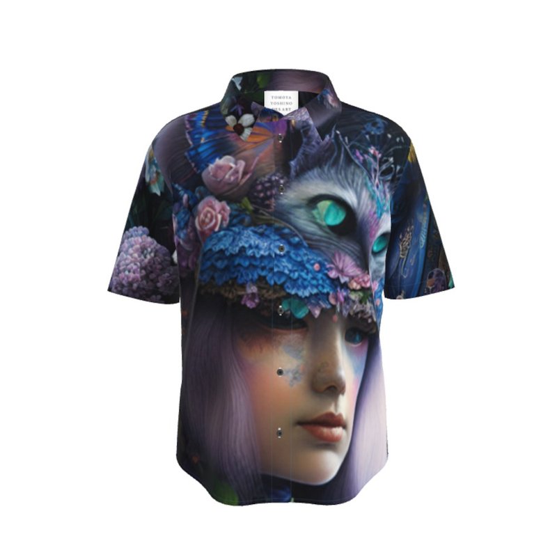 Fantastic, chic, glittering cat hat, dreamy cute witch with butterflies and flower lover button-up shirt, short sleeves - Men's Shirts - Cotton & Hemp Multicolor