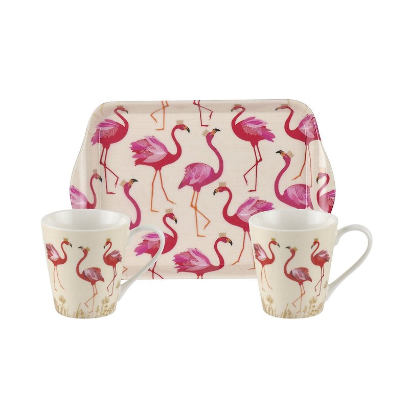 Sara Miller London for Portmeirion The Flamingo Collection Mug and Tray Set - แก้วมัค/แก้วกาแฟ - เครื่องลายคราม สึชมพู
