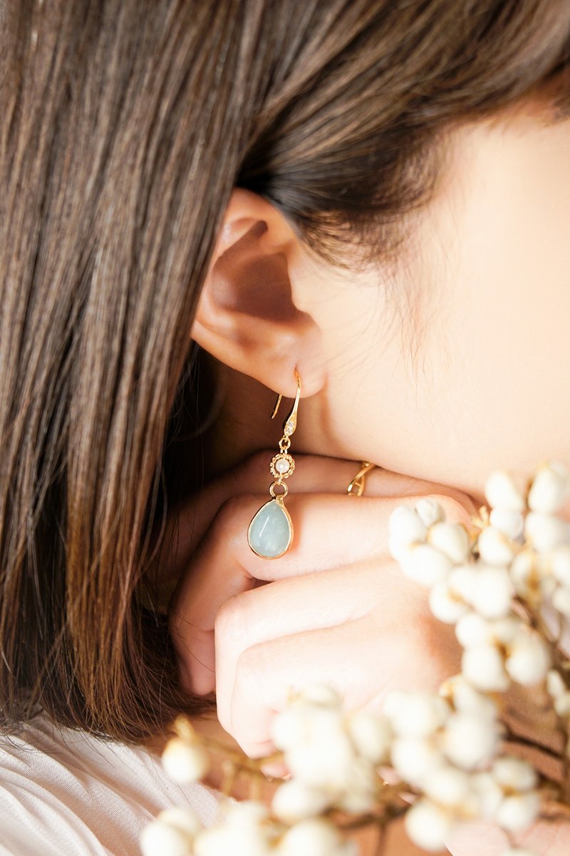 Guiren x Amazonite Stone Green Bronze Plated 18K Gold [Encounter Afternoon] Earrings - ต่างหู - เครื่องเพชรพลอย 