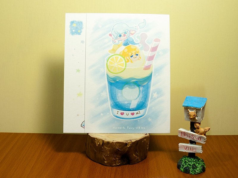 Limited Postcard | Mermaid Fairy U & MI with lemon soda ice cream 5 per set - Cards & Postcards - Paper Blue