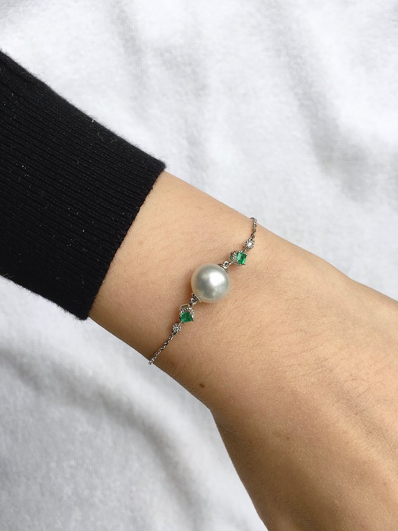 珍珠 祖母綠 手鍊 18k 白金 尼泊爾 手工製 - 手鍊/手環 - 寶石 