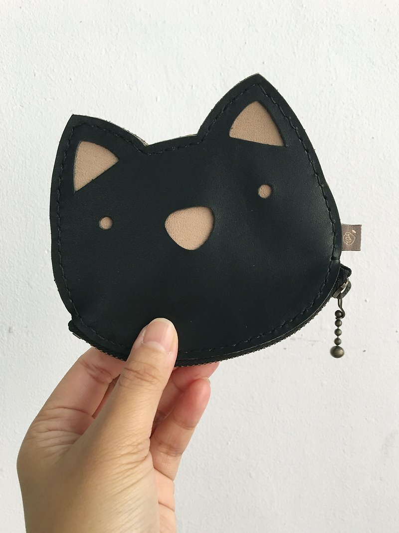 Cat/Zipper Pouch/ID Card Holder/black - กระเป๋าใส่เหรียญ - หนังแท้ สีดำ