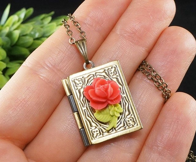 Bright Pink Rose Cameo Brass Book Photo Locket Flower Pendant