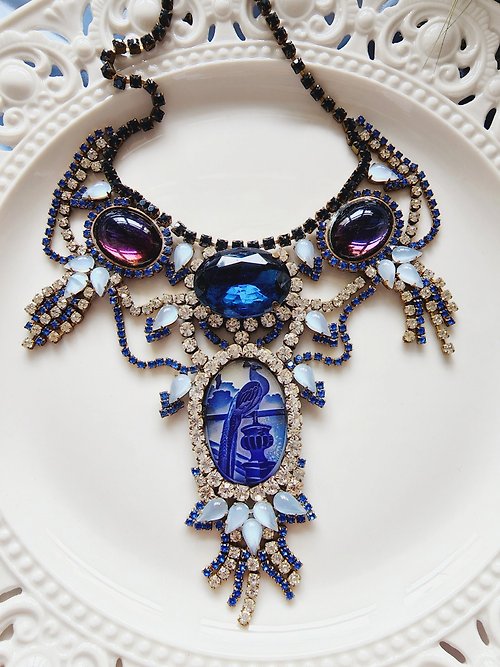 Hale黑爾典藏西洋古董 美國西洋古董飾品/ 捷克工藝水晶馬眼玻璃孔雀藍流蘇項鍊