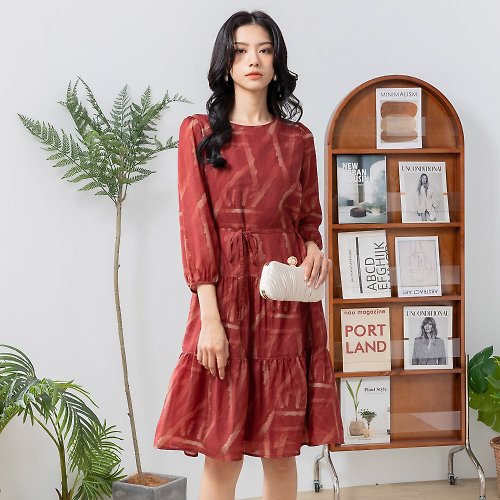 MEDUSA LADY 【MEDUSA】印花紋理磚紅綁帶雪紡洋裝(M-XL) | 洋裝 連身裙 雪紡