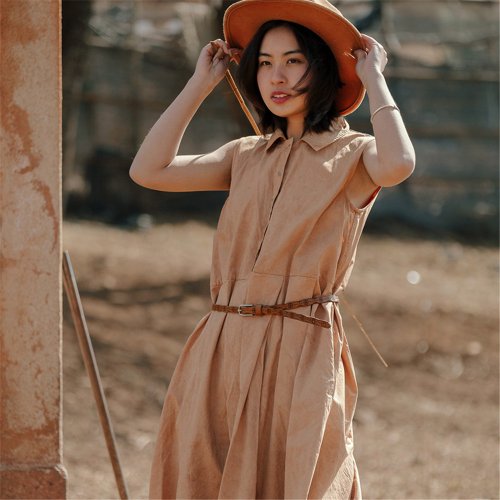 Caramel 3-color high-density organic cotton shirt collar dress small square  collar buttoned H-shaped waistline one-piece dress